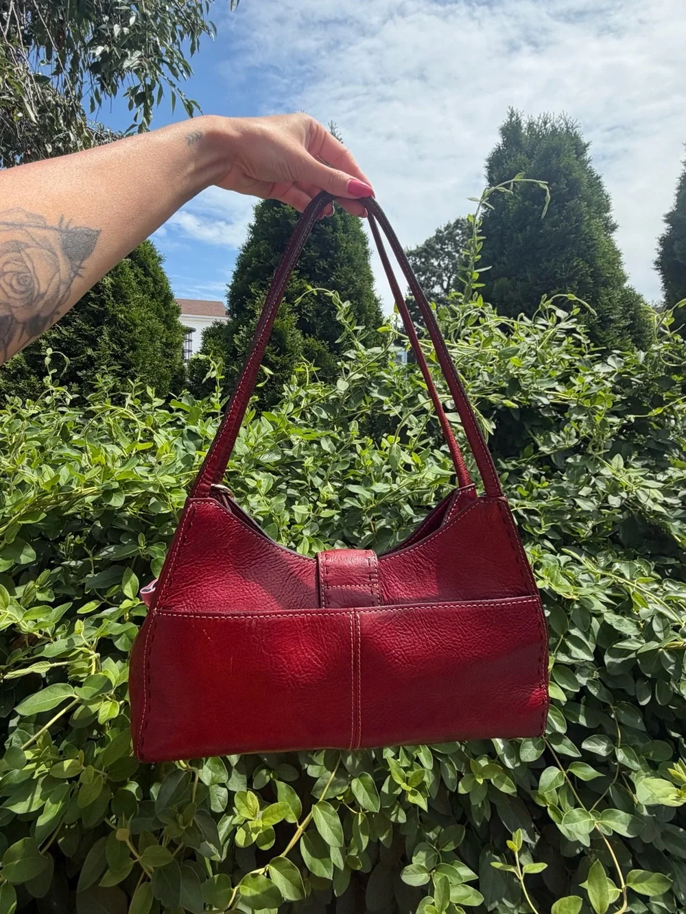 Classic Women's Shoulder Bag in Burgundy with Scarf Accent